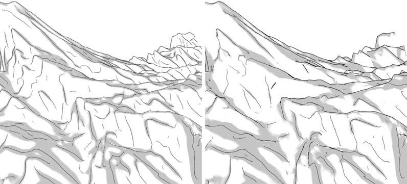 A terrain model rendered with full detail (left) and reduced detail (right).