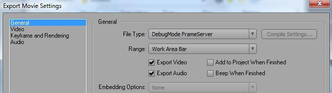 Príklad pre Xvid: export projektu Export nám umožní Adobe Premiere Pro CS3 pomocou DebugMode Frameserveru za dodatočného použitia programu VirtualDub.