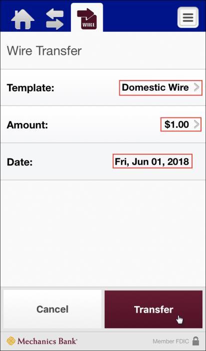 Tap Template and select the transfer template. Tap Amount to modify the transfer amount, if necessary. Tap Date and select the effective date of the transfer. Tap Transfer.