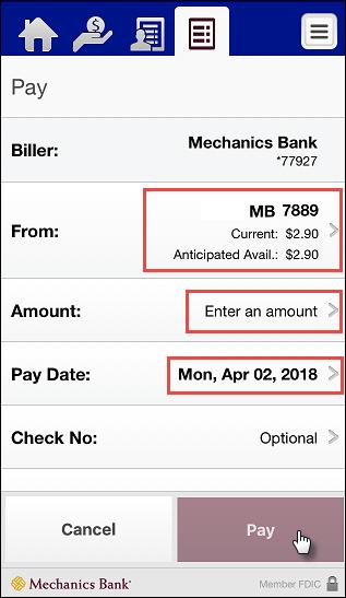Tap From and select the account to debit for the payment. Tap Amount and enter the amount you want to pay and tap Done.