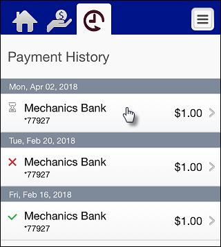 Tap Payment History to display a list of payments. Tap a deposit to view its details in addition to the front and back images of the check Payment History to display a list of payments.