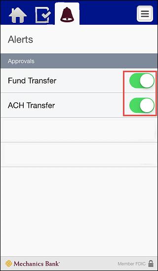 Tap Set Alerts. Tap the toggle switch to turn it green for each type of approval for which you want to receive alerts.