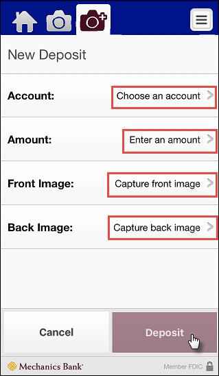 Tap Account and select the account into which you want to deposit funds. Tap Amount and enter the amount of the check. Tap Front Image.