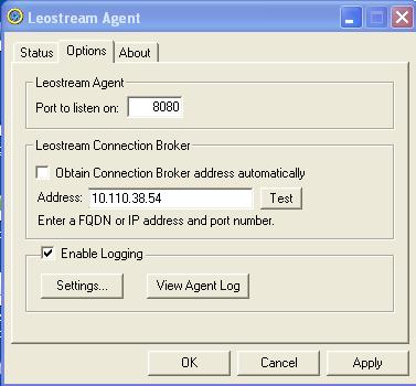 Options Tab displays Leostream Agent is Running and the Leostream icon rotates. The Options tab, shown in the following figure, allows you to configure network and logging configurations.