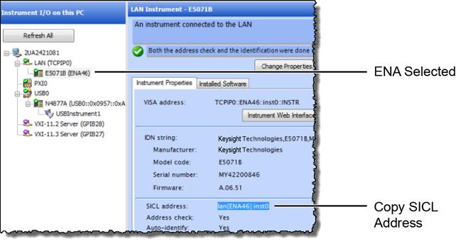 4 Installing N108xA on the 86100D 2 Go to the Keysight Connection Expert, click on the ENA listing, and copy (CTRL-C) the SICL address that