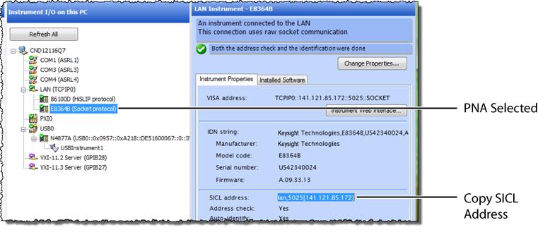 Figure 74 Selecting an PNA Network Analyzer 2 Go to the Keysight Connection Expert, click on the PNA listing, and copy (CTRL-C) the SICL address that is shown in Figure 75.