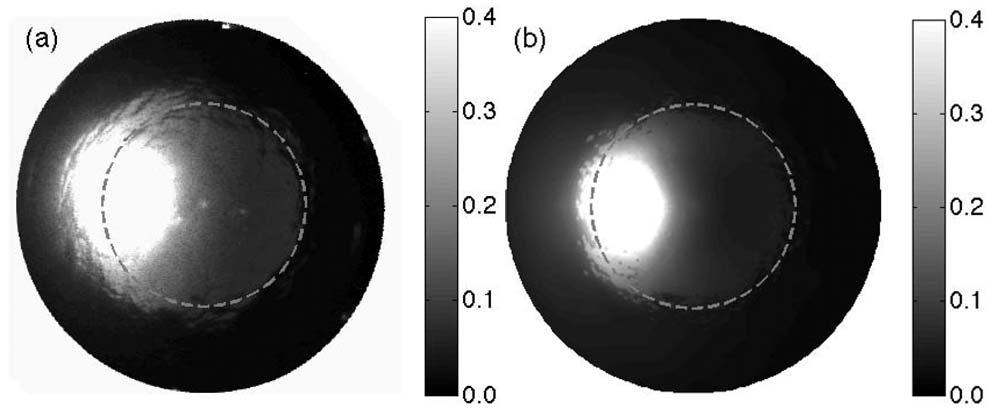 Figure 11. Comparison of downwelling radiance field at 1 m (a) measured by RADCAM and (b) simulated by the hybrid model in units of W m 2 nm 1 sr 1.