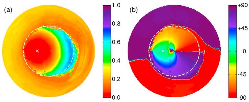 See text for the mapping from the downwelling hemisphere to a circle. The Snell s coneina flat surface case is marked (dashed circle) for reference. light field shown in Figure 5a.