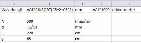 8 Record values needed to calculate the wavelength of light using m=1 (distance from central bright to first bright on either side, and then
