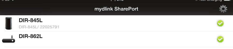 Section 3 - Usage 5. Tap the mydlink SharePort icon, and the app will load. 6. At the mydlink SharePort device list page, tap the gear icon at the top right to enter the Settings page. 7.