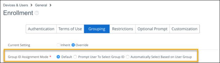 Figure 7 4. Example 3 In this configuration, when users sign in to Workspace ONE, the application prompts the users to select which group they want to register into.