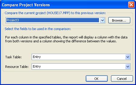 The Compare Project dialog box allows you to select the two projects, and the specific data you wish to compare by selecting one Task and one Resource table to be included in the comparison report.