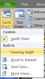 Lesson 5 - Working with Baselines Project - Lvl 2 1. Select the View tab. The View Ribbon appears. Click View, then click the Gantt Chart drop down arrow in the upper left as shown below 2.