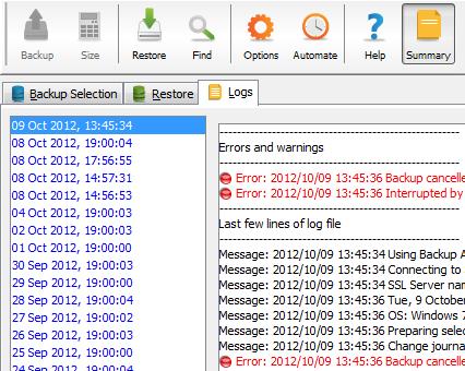 8. Logs The Backup Client logs all backup and restore processes and their results in log files that you can view on the Logs tab.