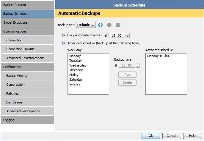 Backup Schedule You can use the Backup Schedule page in the Options and Settings dialog box to: Enable/disable a daily automated backup Create advanced automatic backup schedules Note: If using