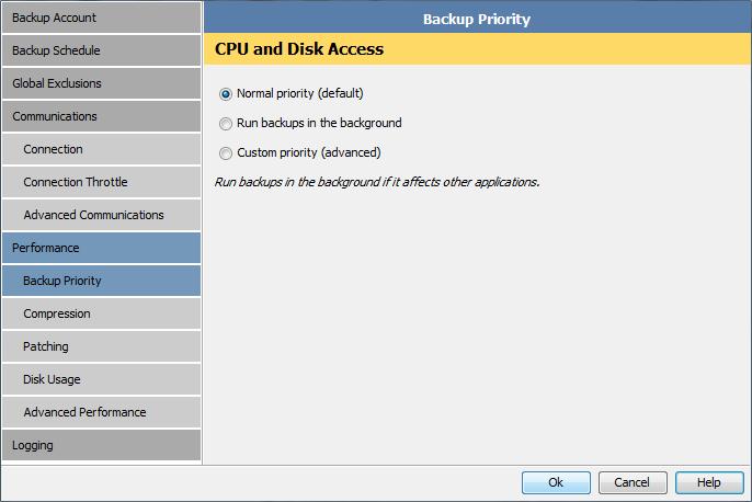 Backup Priority You can use the Backup Priority page in the Options and Settings dialog box to limit CPU usage and disk access.