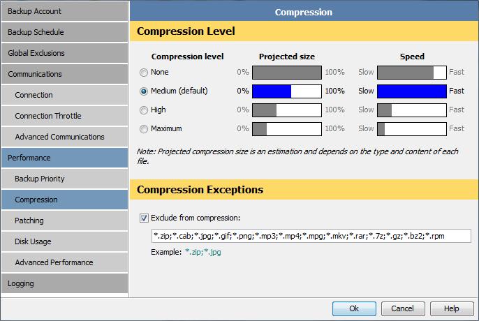 Compression You can use the Compression page in the Options and Settings dialog box to configure the Backup Client compression level and exceptions.