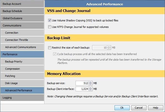 Advanced Performance You can use the Advanced Performance page in the Options and Settings dialog box to configure the settings relating to: VSS and Change Journal Backup limit Memory allocation The
