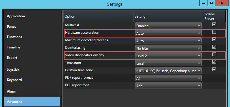 Select the default setting Auto. 3. Go to Video diagnostics overlay. 4. To make the current status of the stream, including the GPU resource used for hardware acceleration visible, select Level 2.