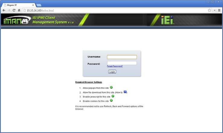 Figure 1-2: IEI iman Web GUI Login Page Step 4: Enter the user name and password to login the system. The default login username and password are both admin.