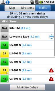 Traffic Summary Displays overall delay from traffic, a summary of incidents on the route, and the average speed for each segment where available. You can choose any line to view more details.
