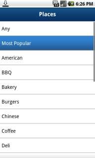 Most Popular Category You can search for the most popular food/coffee places. 1. In the Search screen, expand the Food/Coffee category and choose Most Popular. 2.
