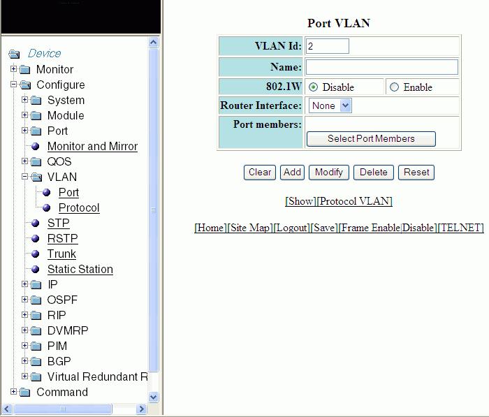 Configuring VLAN FIGURE 110 Adding port VLANs 4. Type the VLAN identifier of the port in the VLAN Id field. 5. Type the port VLAN name in the Name field. 6. Click Disable or Enable for 802.1W. 7.