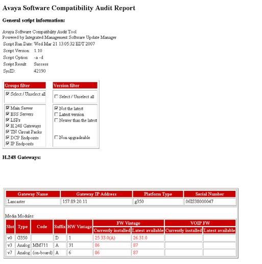 The ASCA Reporting Tool 5. Click OK in the confirmation dialog box. The ASCA HTML report opens. Figure 16: Avaya Software Compatibility Audit (ASCA) Report Dialog Box 6.