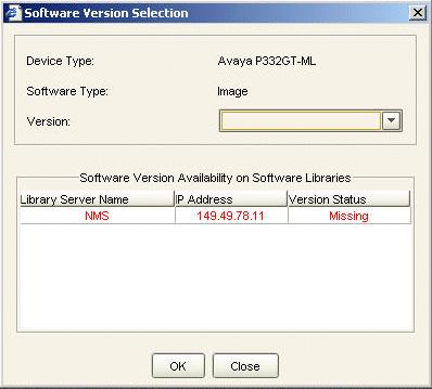 Setting Product Defaults Figure 30: Software Version Selection Dialog Box 5. Select a file version. A version number that appears in green is present in all of the displayed libraries.