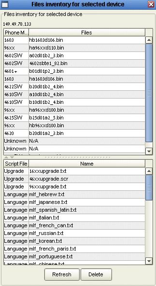 Managing IP Phone Software Figure 38: Files Inventory For Selected Device Dialog Box The Phones Software Table displays an entry for each type of software residing on the selected device.