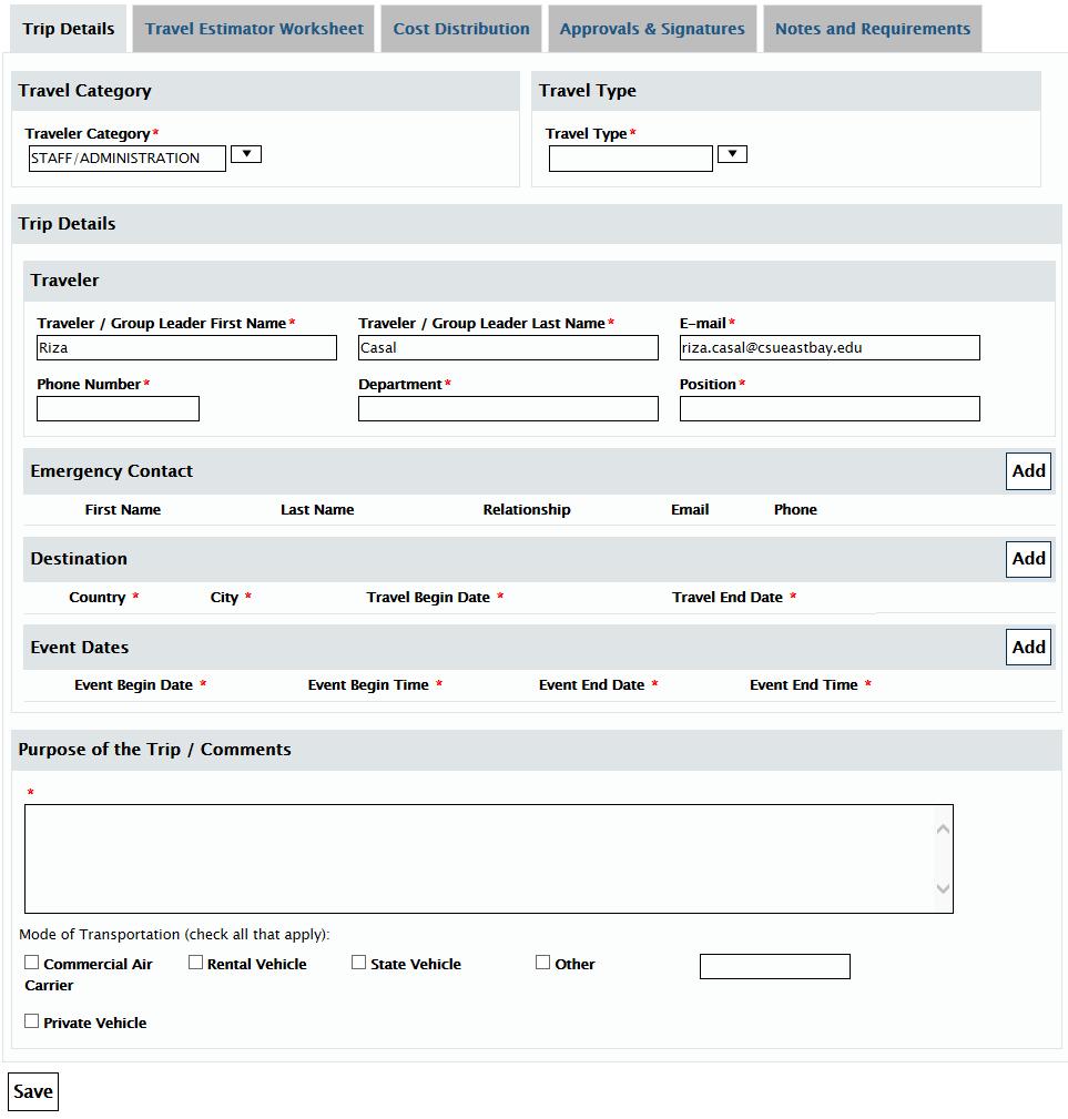 Travel Authorization Domestic Travel Trip Details Tab To enter Trip Details, please select the Add