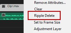 How to Apply a Ripple Delete to a Sequence 1. In the toolbar, click the selection tool. 2. In the Timeline, right click the media or gap you wish to apply the ripple delete to. Click Ripple Delete.
