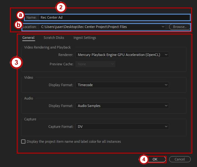 2. The New Project dialogue box launches (See Figure 3). a. Name Set the name of your project file (See Figure 3). b. Location Determine where the project file will be stored (See Figure 3).
