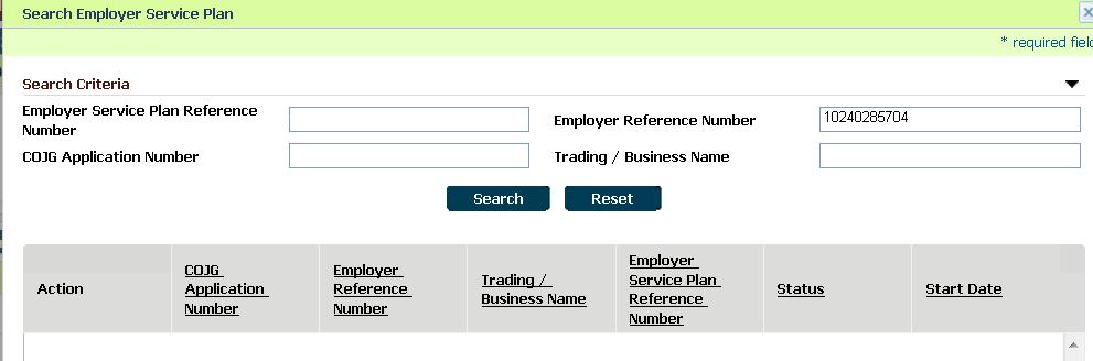 Step 3: Search Employer Service Plan Page Enter search