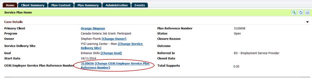 Step 6: Service Plan Home Page The Employer Service Plan Case Reference appears on the Service Plan Home page.