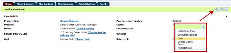 8.15 Close COJG Participant Service Plan If you close a service plan, it cannot be reopened.