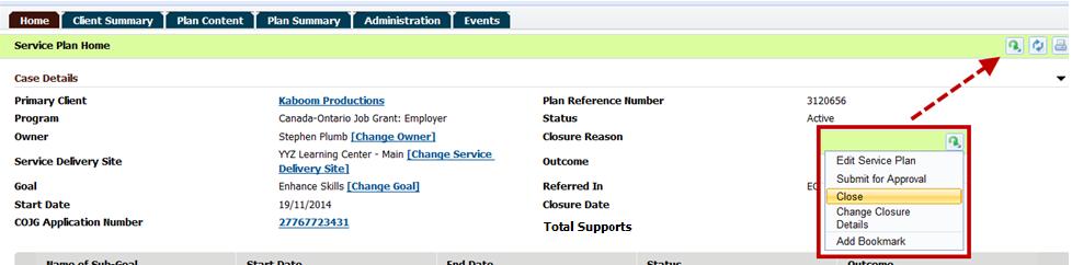 8.16 Close COJG Employer Service Plan If you close a service plan, it cannot be reopened.