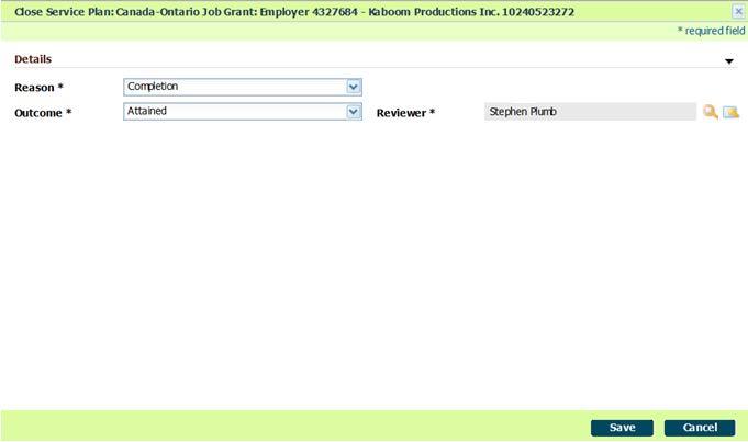 Step 2: Close Service Plan Page Complete all fields. The current case owner will default as the service plan Reviewer.