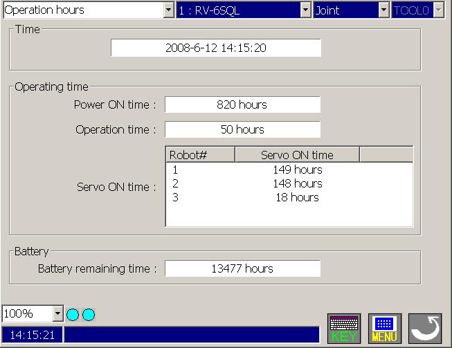 15.3.3. Operation monitor 15.3.3.1. Operating hours The robot operating time, and battery usage time, etc., can be confirmed. The connected robot and it's servo ON time can be confirmed. 15.3.3.2.