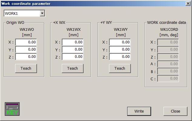 17.4.26. Work coordinate Work coordinate parameter defines coordinates used with the WORK jog. 8 work coordinates can be defined. The WORK jog function is available with Ver.2.3 or later of this software.