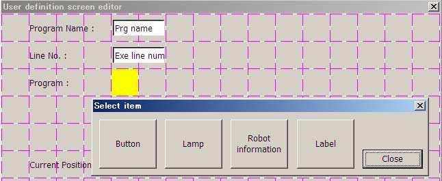 (2) After "Select item" window is displayed, tap [Robot information] button (<b>). (3) Select "Exe line" (<c>) as the type on Create robot information window.