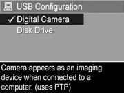 USB Configuration This setting determines how the camera is recognized when connected to a computer. 1. In the Setup Menu (page 93), select USB. 2.