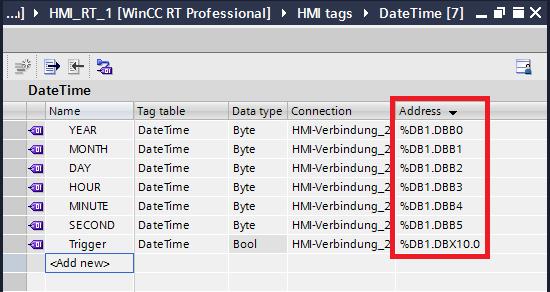 5 Setting the Time of Day 5.1 From WinCC Runtime Professional to S7-300/S7-400 3. Create the tags in the WinCC Runtime Professional tag management as shown in the figure.