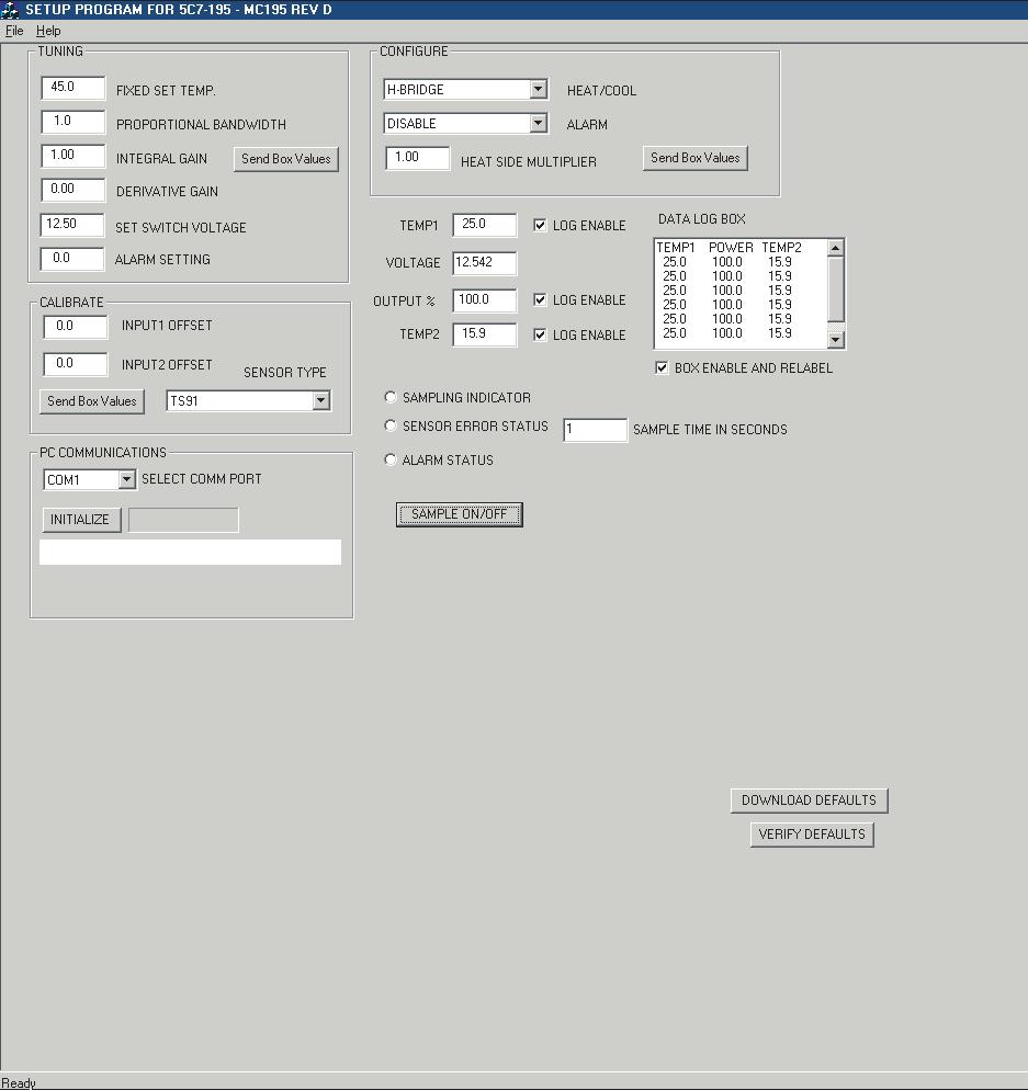 Setup GUI Screen with Factory Set Defaults in Red COM 1 COM 2 COM 3 COM 4 COOL HEAT H-BRIDGE