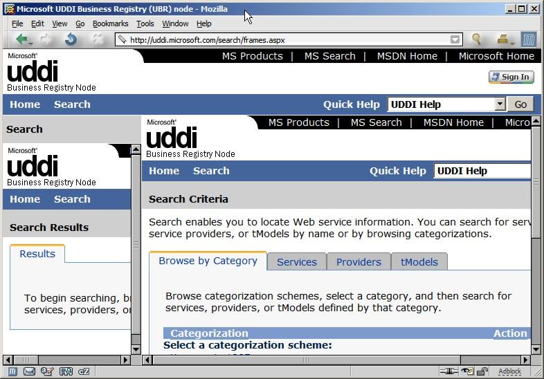 Note that as of January 2006, the UBR is defunct. The UBR is operated by several companies, including IBM, Microsoft, SAP and NTT. Here we show a screenshot of the Microsoft Web interface for the UBR.