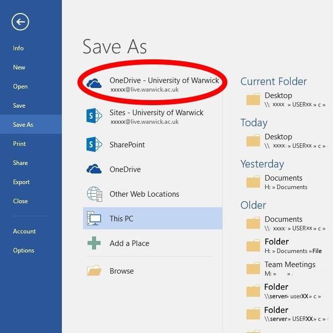 Saving files to Cloud storage. There are essentially two options: OneDrive for Business and personal OneDrive.