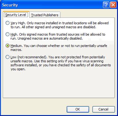 On Microsoft Office 2003 or earlier: If this happens, open Excel, click the Tools menu, then the Macro sub menu, and