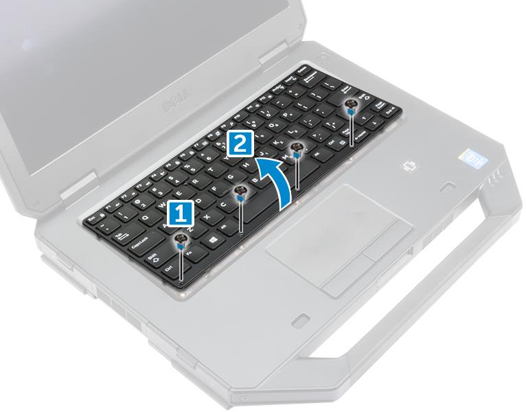 4 To remove the keyboard: a Remove the screws that secure the keyboard door [1]. b Lift the keyboard door away from the computer [2].