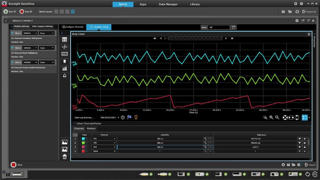 11 Keysight BenchVue Software v3.0 (BV0000A) - Data Sheet BenchVue Data Acquisition App Control your 34970 or 34972 to data log and visualize measurements in a wide array of display options.