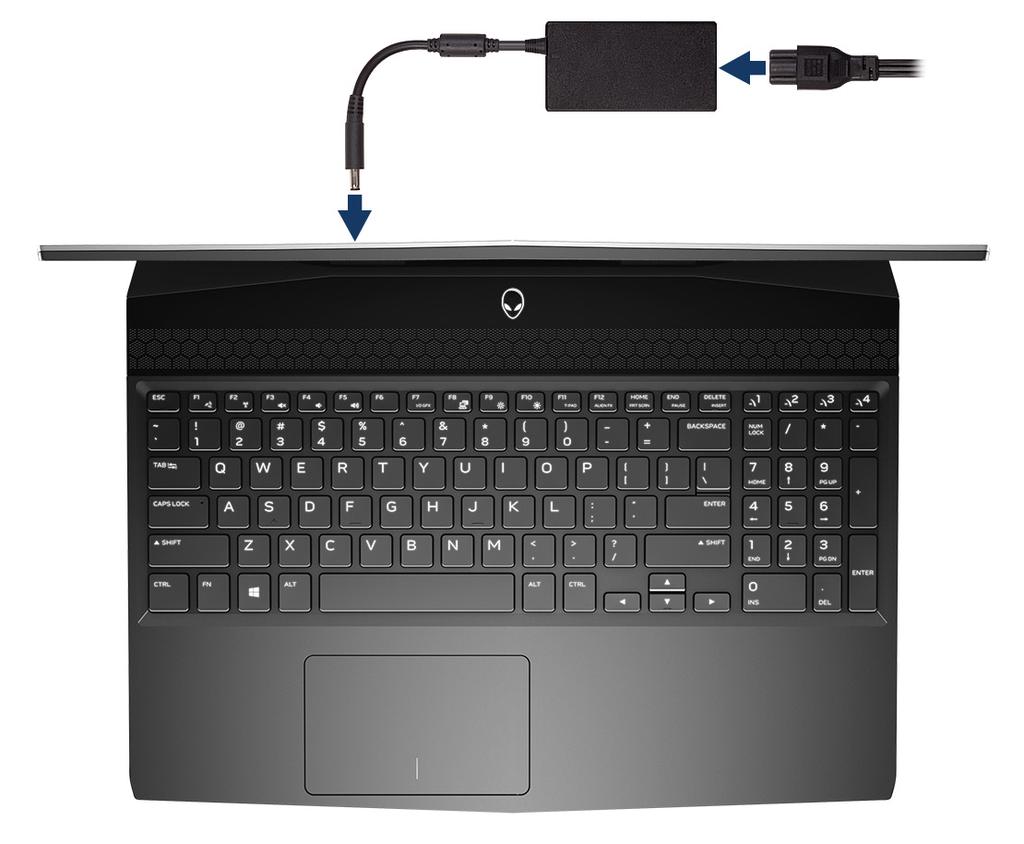 Set up your Alienware m15 NOTE: The images in this document may differ from your computer depending on the configuration you ordered. 1 Connect the power adapter and press the power button.